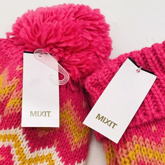 MIXIT Winter Beanie & Mitten Combo Pack Womens Shocking Pink PomPom Stocking Hat - Picture 5 of 6
